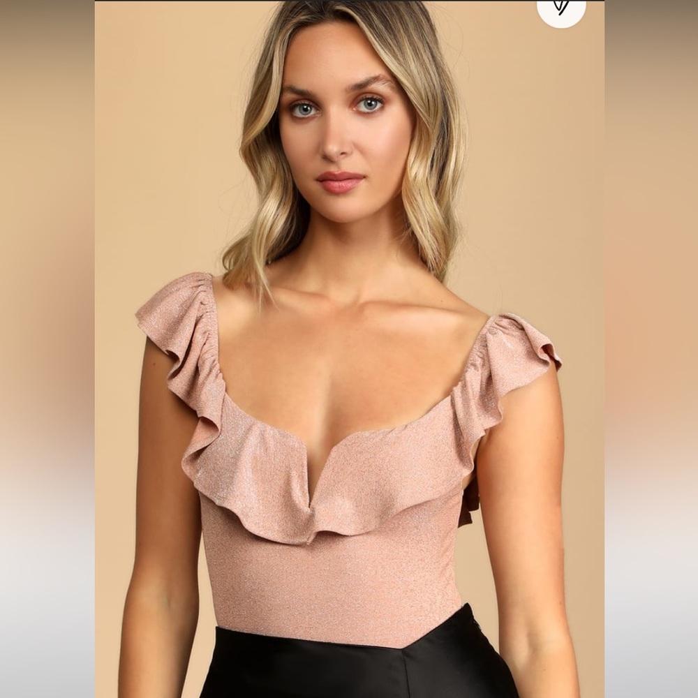 Lulu’s She's Stunning Blush Pink Sparkly Ruffled Sleeveless Bodysuit